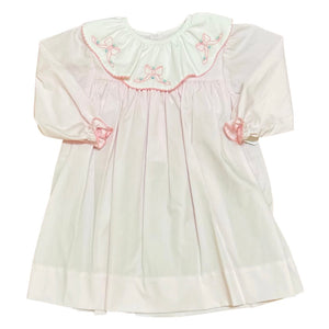 Petit Ami Girls Pink Long Sleeve Dress with Scalloped Collar and Bow Embroidery
