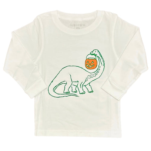 Mustard and Ketchup White Long Sleeve Dinosaur Tee with Pumpkin