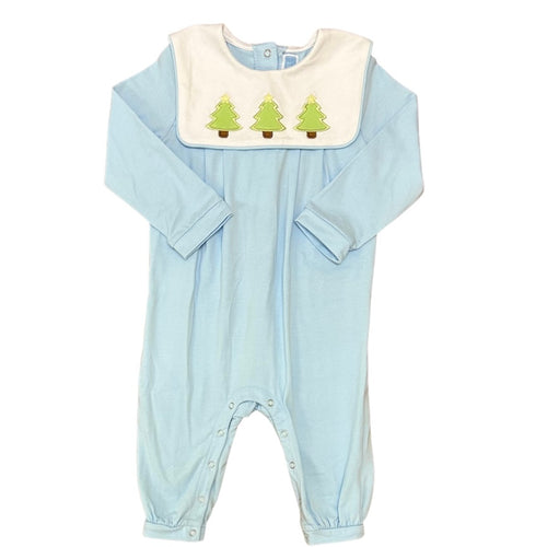 Trotter Street Boys Blue Romper with Christmas Tree Trio Collar