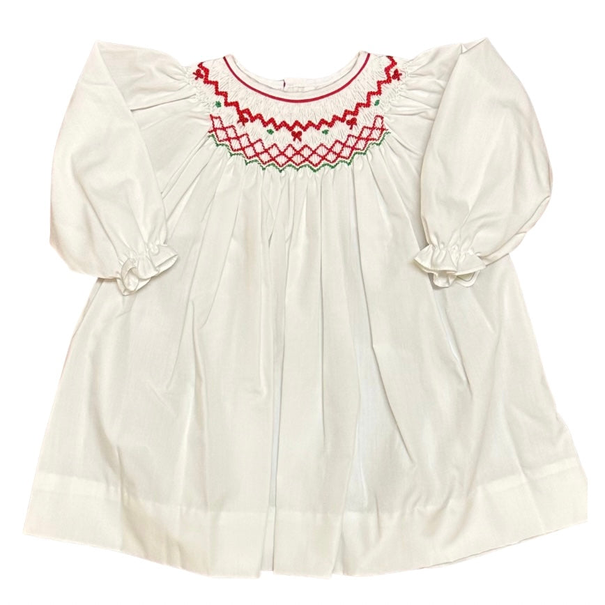 Petit Ami Girls White Dress with Red and Green Smocking