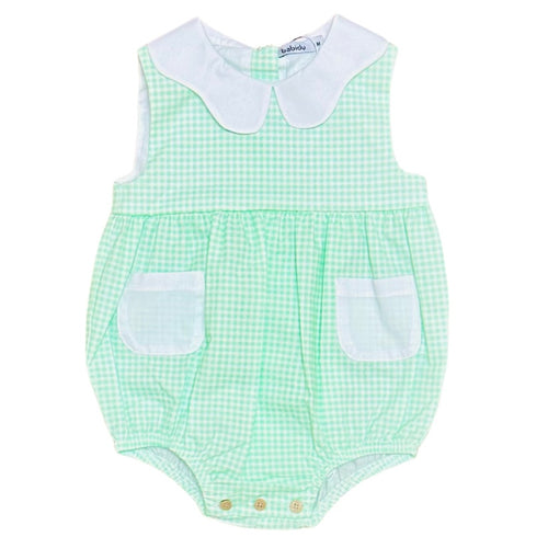 Babidu Girls Green and White Gingham Bubble with White Scalloped Collar