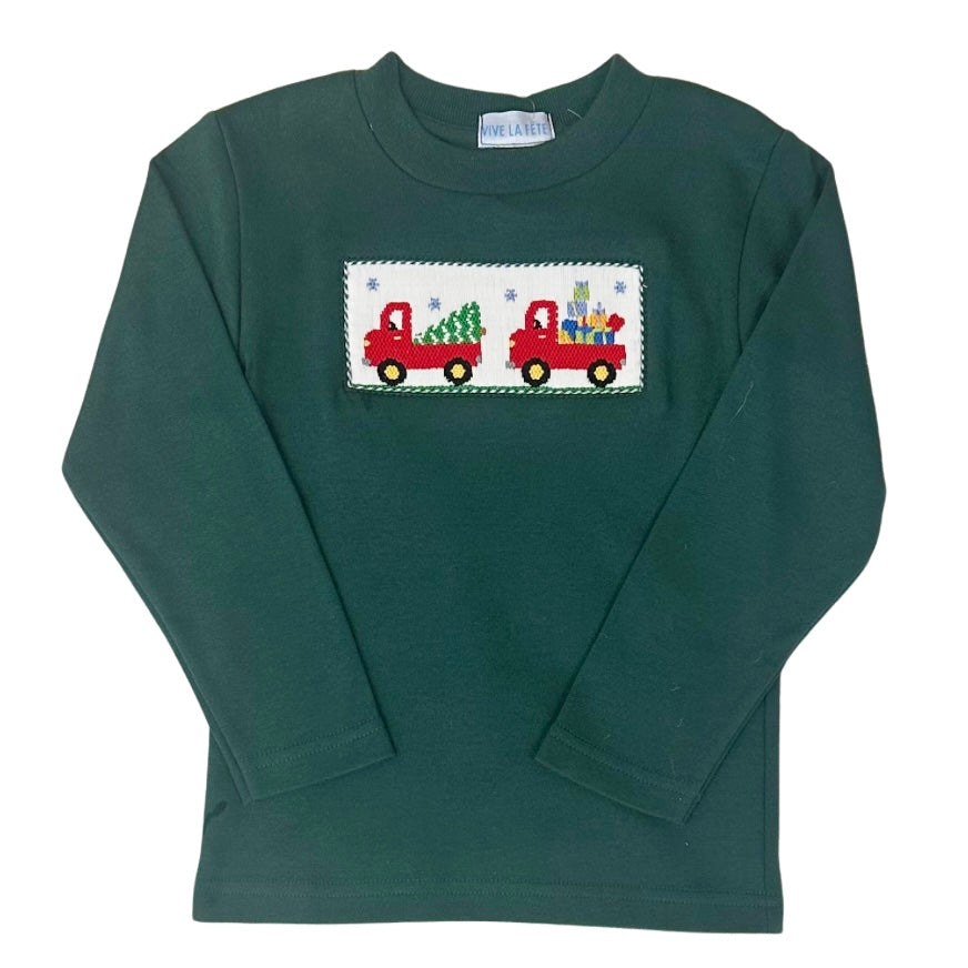 Vive La Fete Boys Long Sleeve Smocked Christmas Trucks Shirt