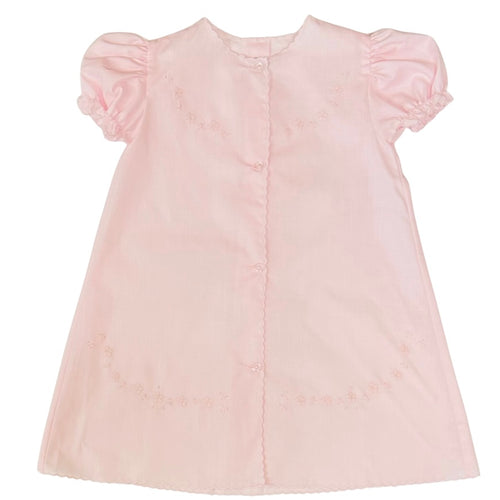 Auraluz Girls Pink Day Gown with Pink Flower Shadow Stitch Embroidery