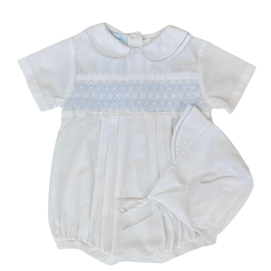 Petit Ami Boys White Bubble with Blue Geometric Smocking