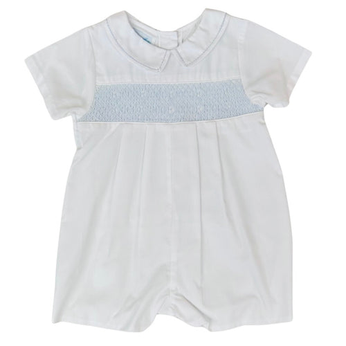 Petit Ami Boys White Romper with Blue Geometric Smocking