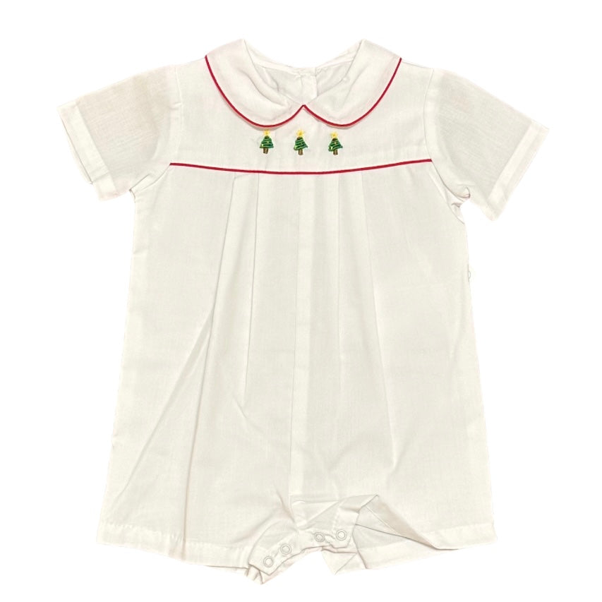 Petit Ami Boys White Shortall with Peter Pan Collar and Christmas Tree Embroidery