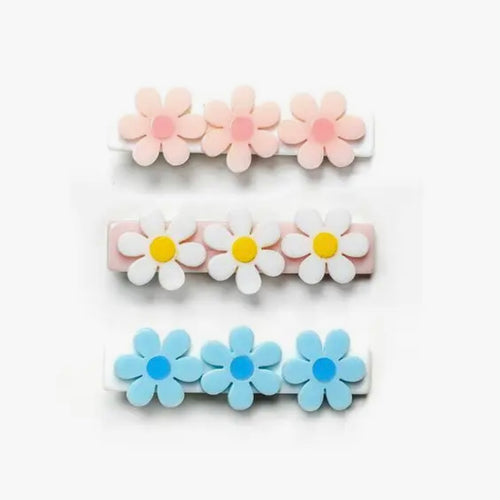 Lilies and Roses Daisy Flower Hair Clip Trio-Pink, White, and Blue