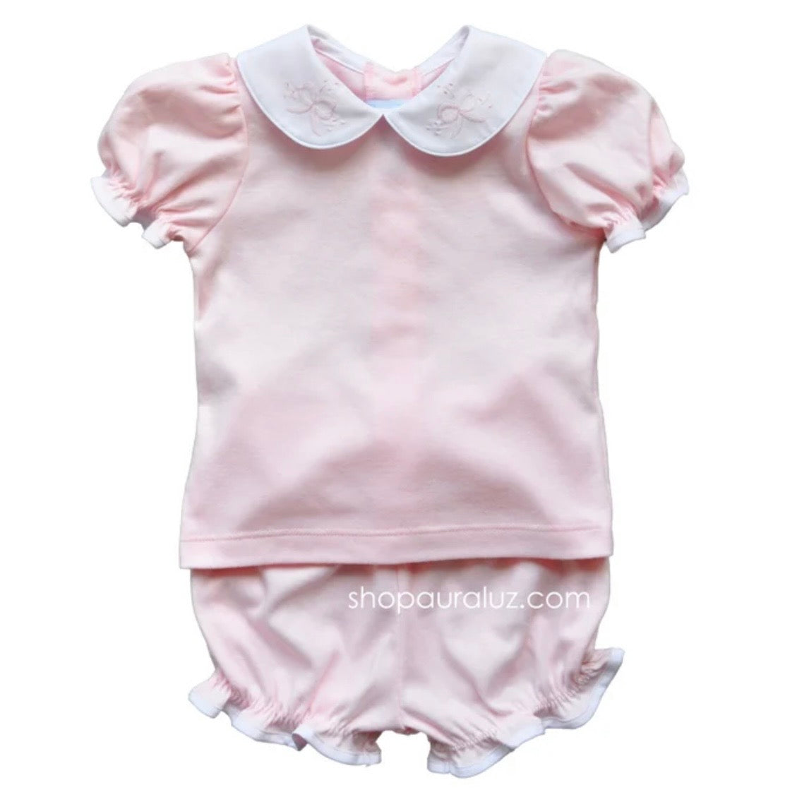 Auraluz Girls Pink Bloomer Set with Bow and Leaf Shadow Stitch Embroidery