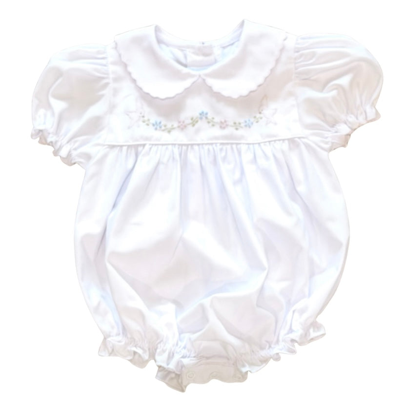 Auraluz Girls White Bubble with Flower and Bird Shadow Stitch Embroidery
