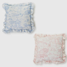 Cupcakes and Cartwheels Animal Toile Decorative Pillow with Ruffle Edge-Available in Pink & Blue