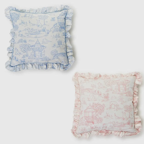 Cupcakes and Cartwheels Animal Toile Decorative Pillow with Ruffle Edge-Available in Pink & Blue