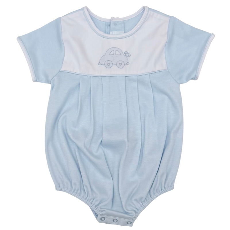 Auraluz Boys Blue Pima Cotton Bubble with Wind Up Car Shadow Stitch Embroidery