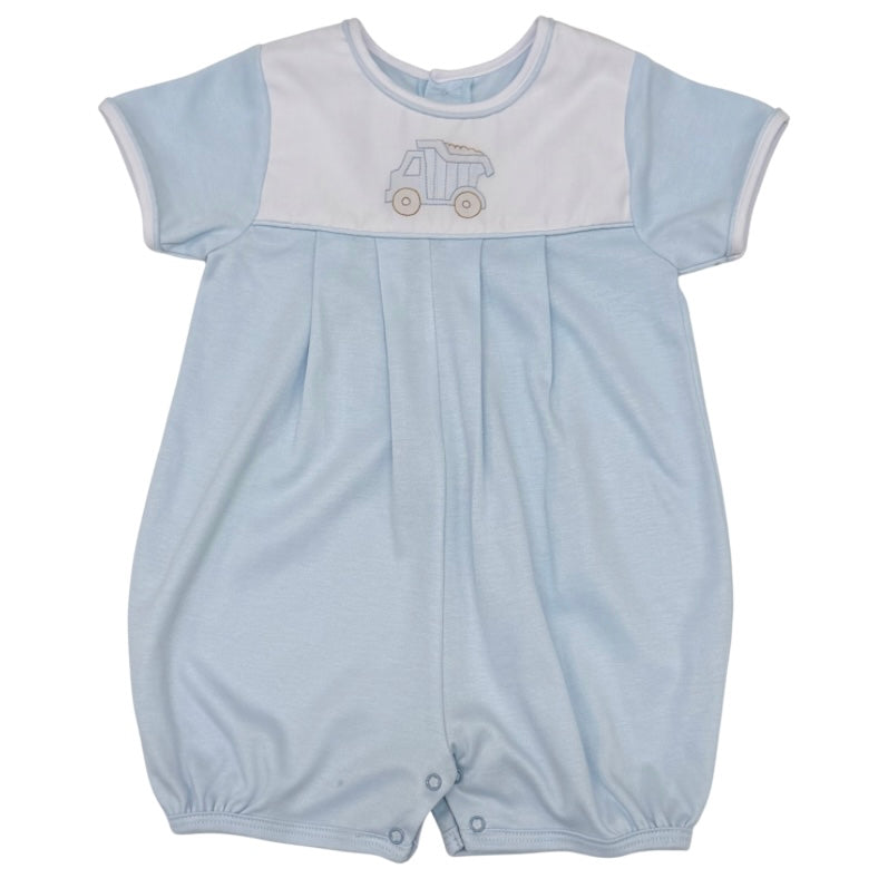 Auraluz Boys Blue Pima Cotton Romper with Dump Truck Shadow Stitch Embroidery