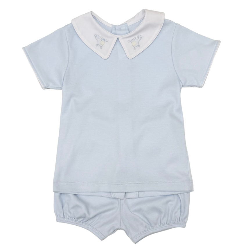 Auraluz Boys Two Piece Pima Cotton Short Set with Helicopter Shadow Stitch Embroidery