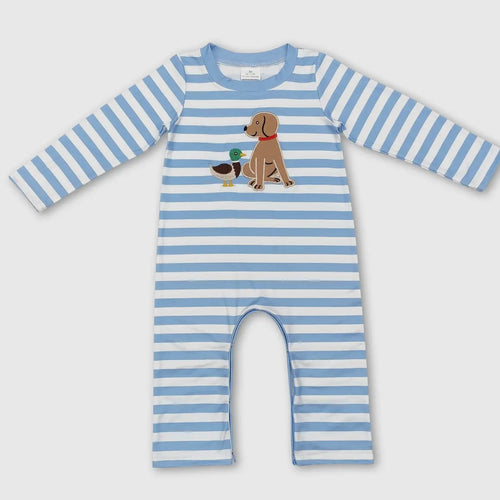 Mills Proper Romper with Puppy and Duck Applique