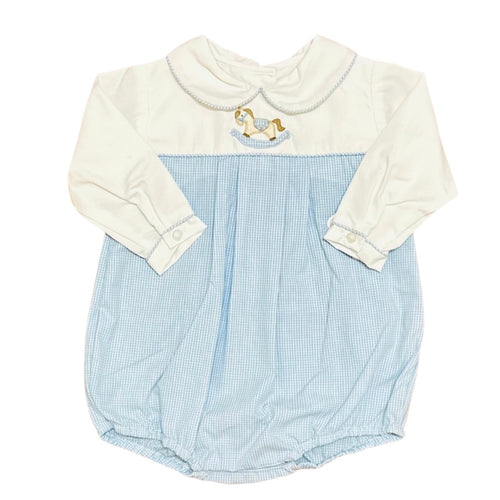 Petit Ami Boys Long Sleeve Blue Gingham Bubble with Rocking Horse Applique and Peter Pan Collar