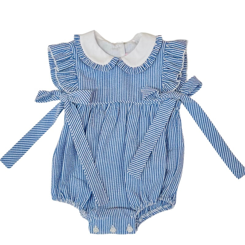 Petit Bebe Girls Navy Blue Seersucker Bubble