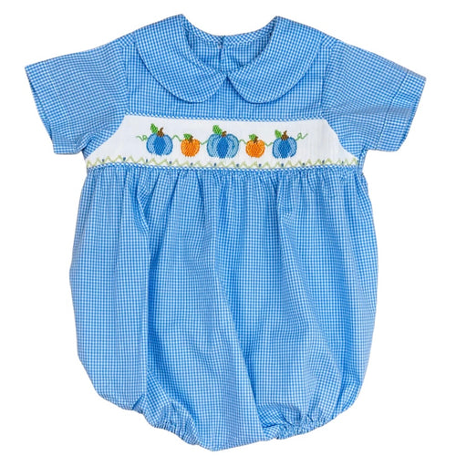 Baby Sen Boys Blue Gingham Bubble with Pumpkin Embroidery
