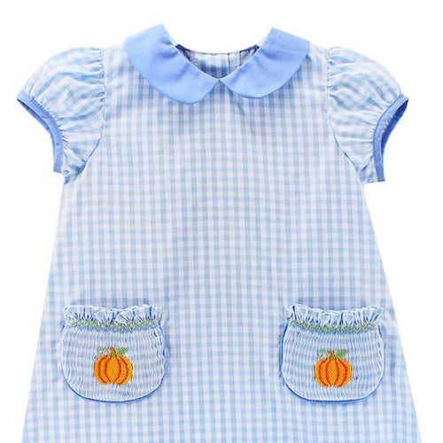 Zuccini KIds Girls Light Blue Check Harriet Dress with Pumpkin Embroidery