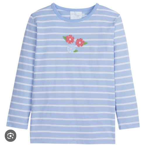 Little English Girls Fall Bloom Blue and White Stripe Shirt with Flower Applique