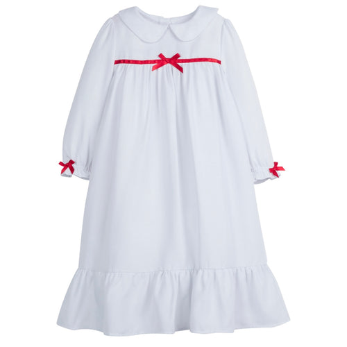 Little English Girls Classic White Nightgown with Red Bow