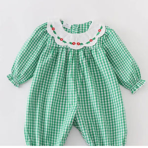 Honey Dew Girls Green Plaid Romper with Poinsettia Scalloped Collar
