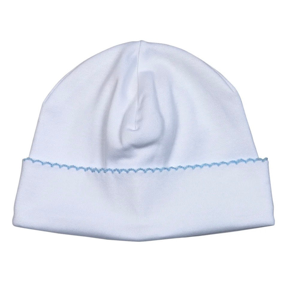 Baby Loren White NB Baby Beanie Hat with Light Blue Piping