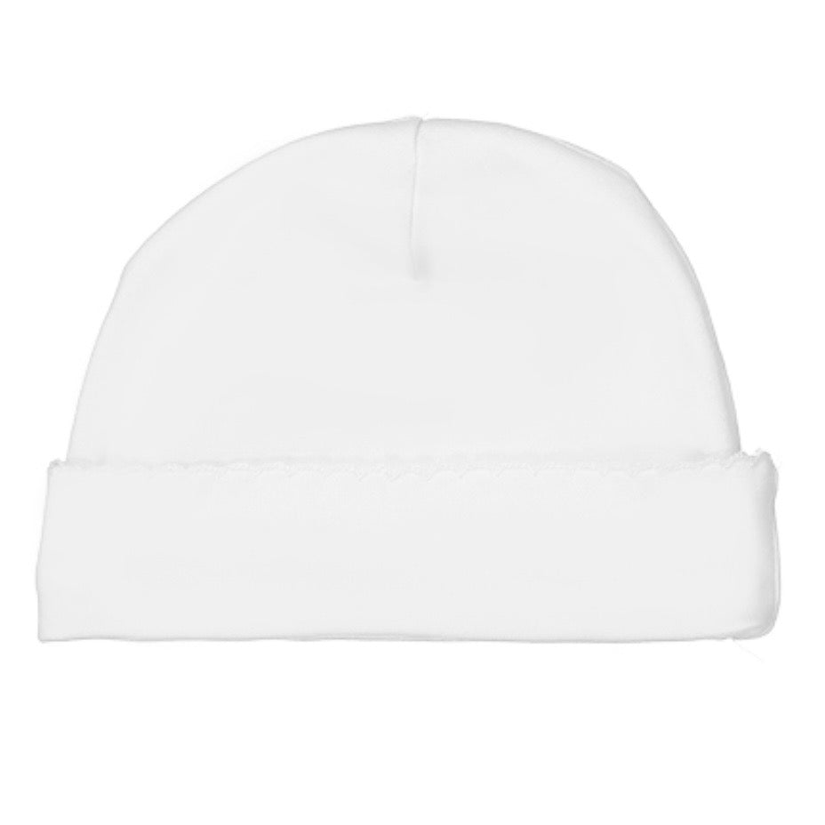Baby Loren White NB Baby Beanie Hat with White Piping