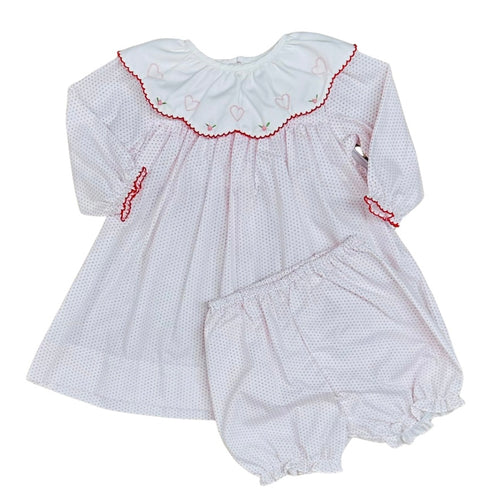 Petit Ami Girls Red Dot Dress with Embroidery Hearts on Scalloped Collar