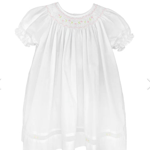 Petit Ami Girls White Bishop Smocked Dress with Voile Insert