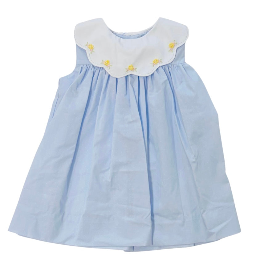 Petit Ami Girls Blue Dress with Scalloped Collar and Flower Embroidery