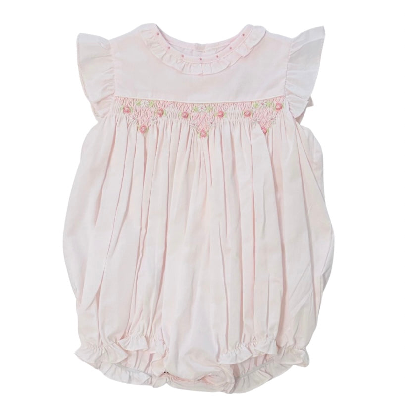 Petit Ami Girls Pink Smocked Bubble with Ruffled Collar