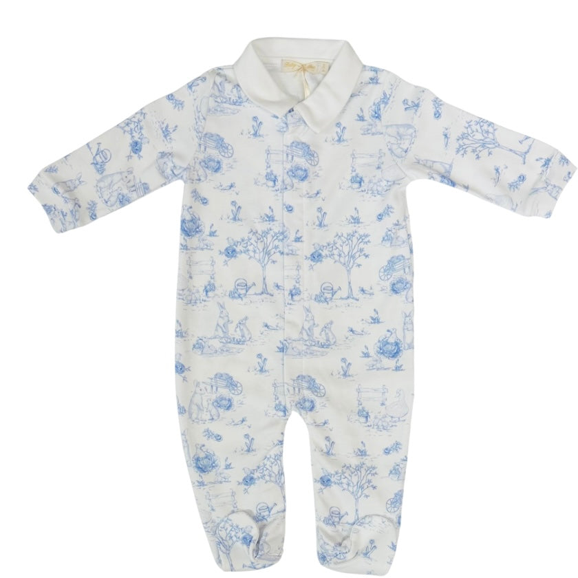 Baby Club Chic Boys Blue Toile Bunnies Printed Footie