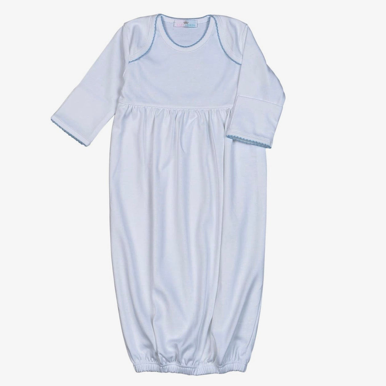 Baby Loren White Pima Gown with Blue Picot Trim