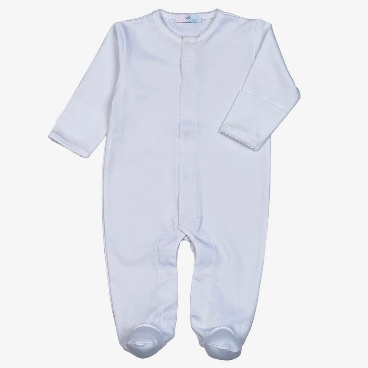 Baby Loren White Snap Footie with White Picot Trim