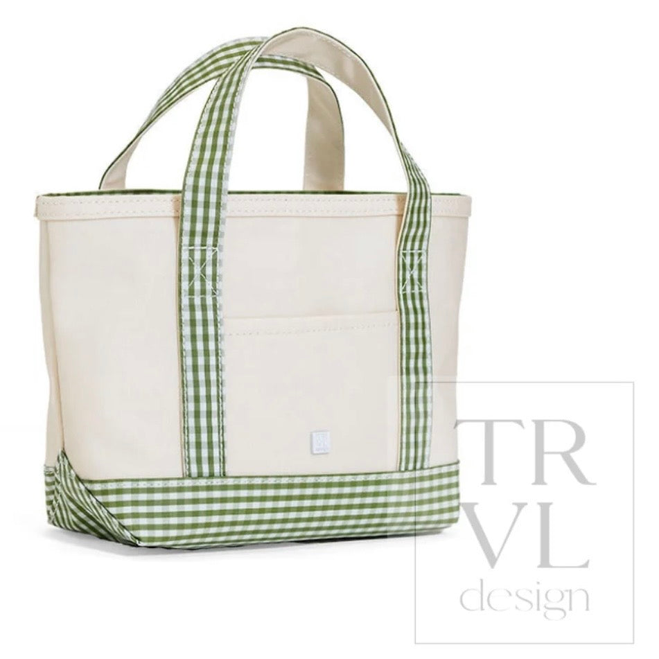 Trvl Design Coated Canvas Mini Tote-Natural with Gingham Moss Trim