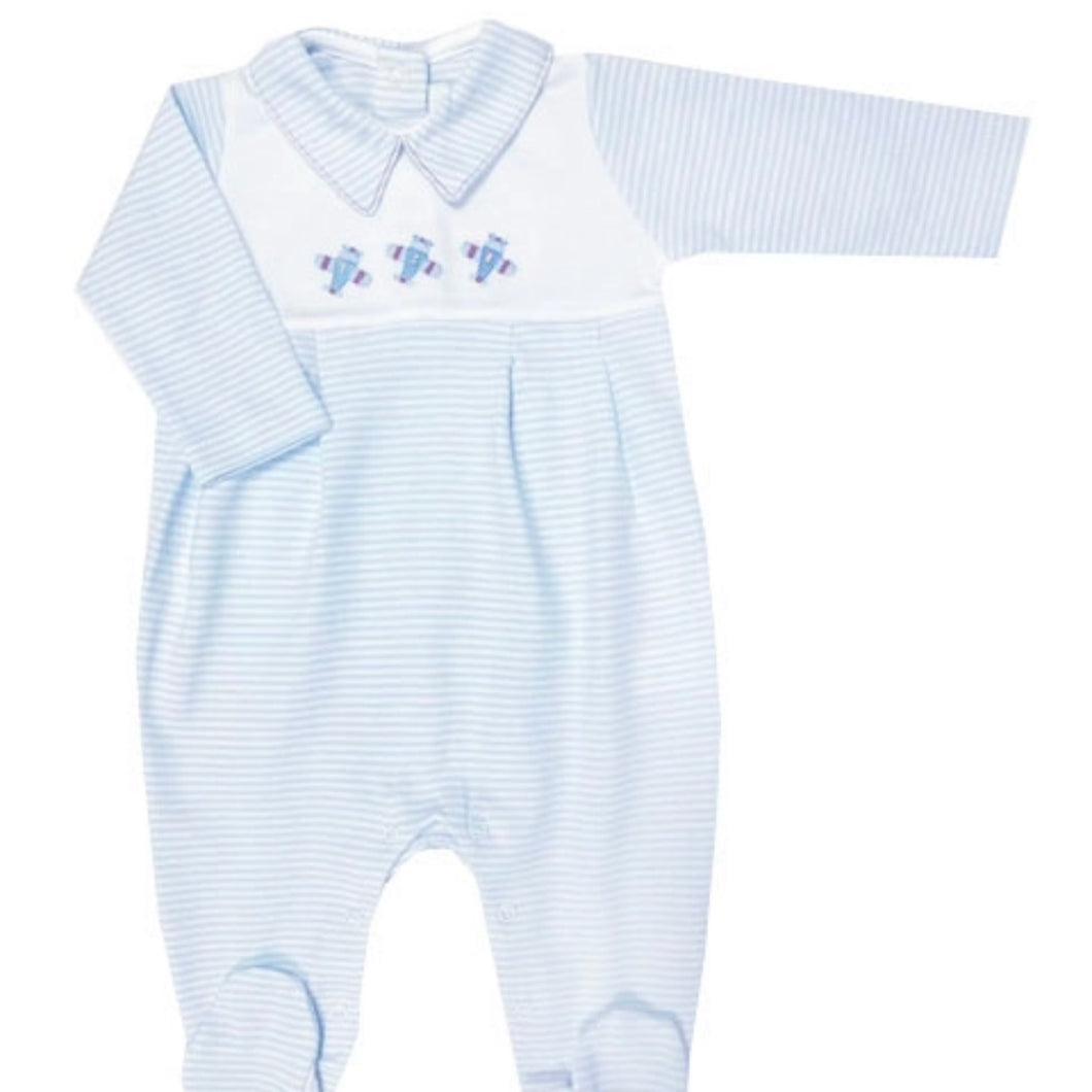 Baby Threads Boys Striped Pima Cotton Footie with Hand Embroidered Airplanes