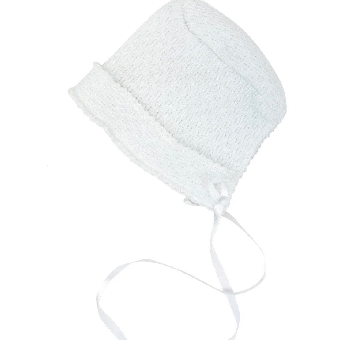Paty White Bonnet with Satin Ribbon Tie-White Trim