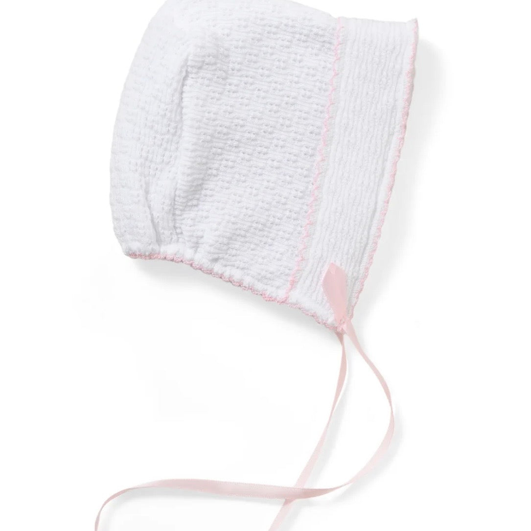 Paty White Bonnet with Satin Ribbon-Pink Trim