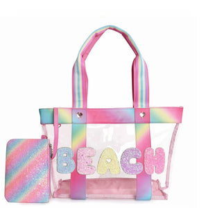 OMG Accessories Clear Beach Tote with Glitter Ombre Wristlet