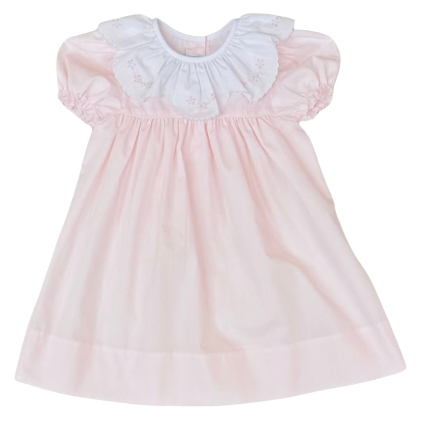 Auraluz Girls Pink Dress with Flower Shadow Stitching on a White Scalloped Collar