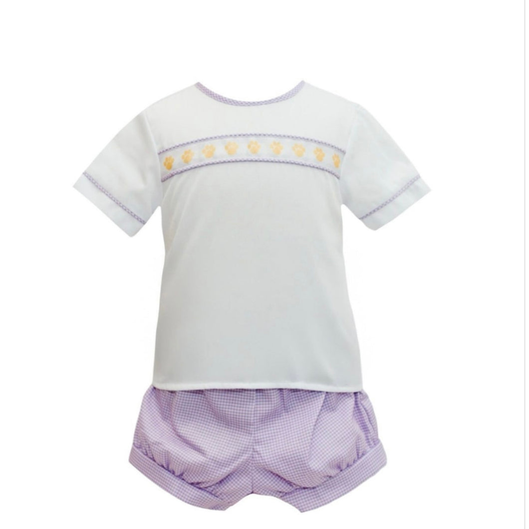 Krewe Boys Purple/Gold Gingham Tiger Paw Ribbon Banded Short Set