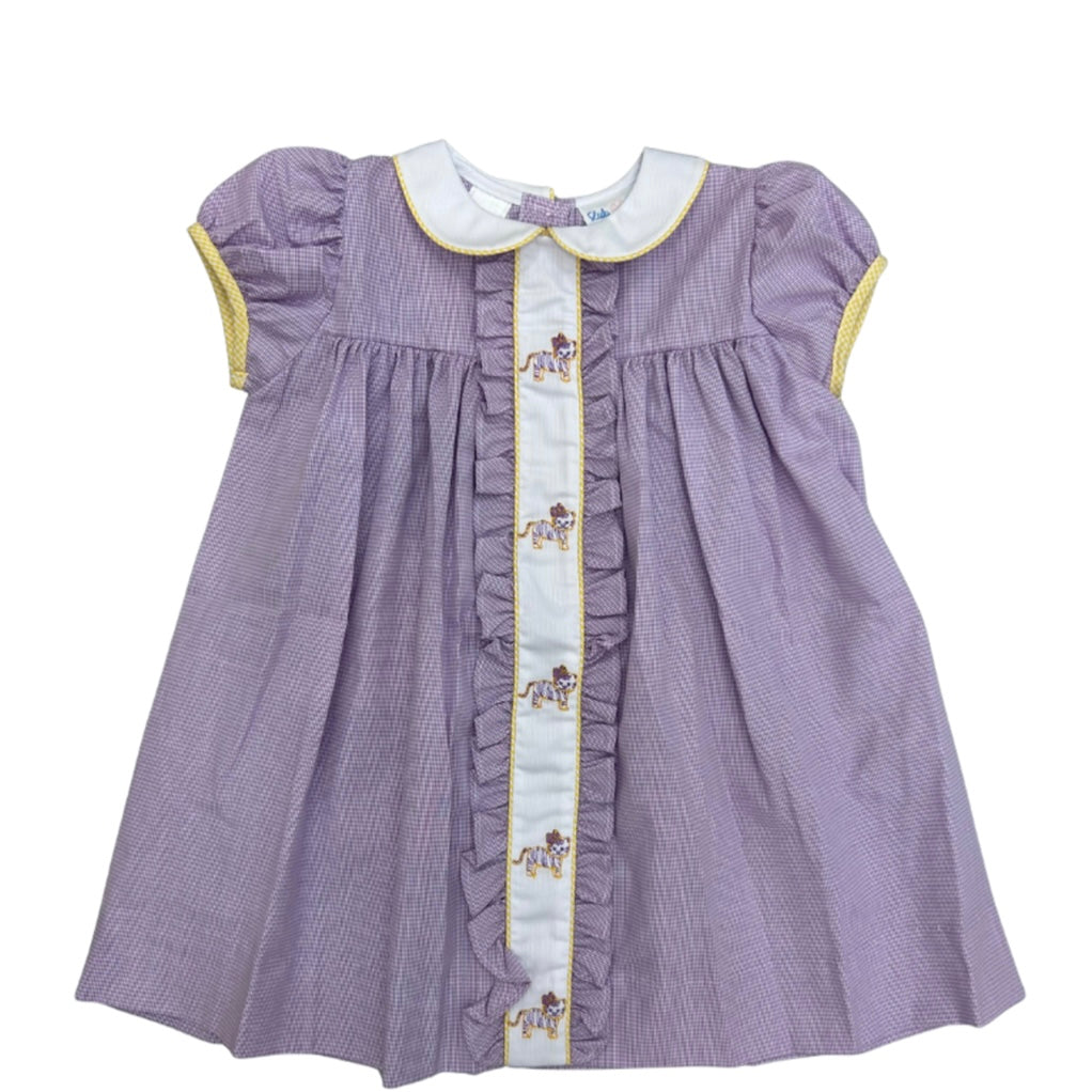Lulu Bebe Girls Gingham Dress with Tiger Embroidery