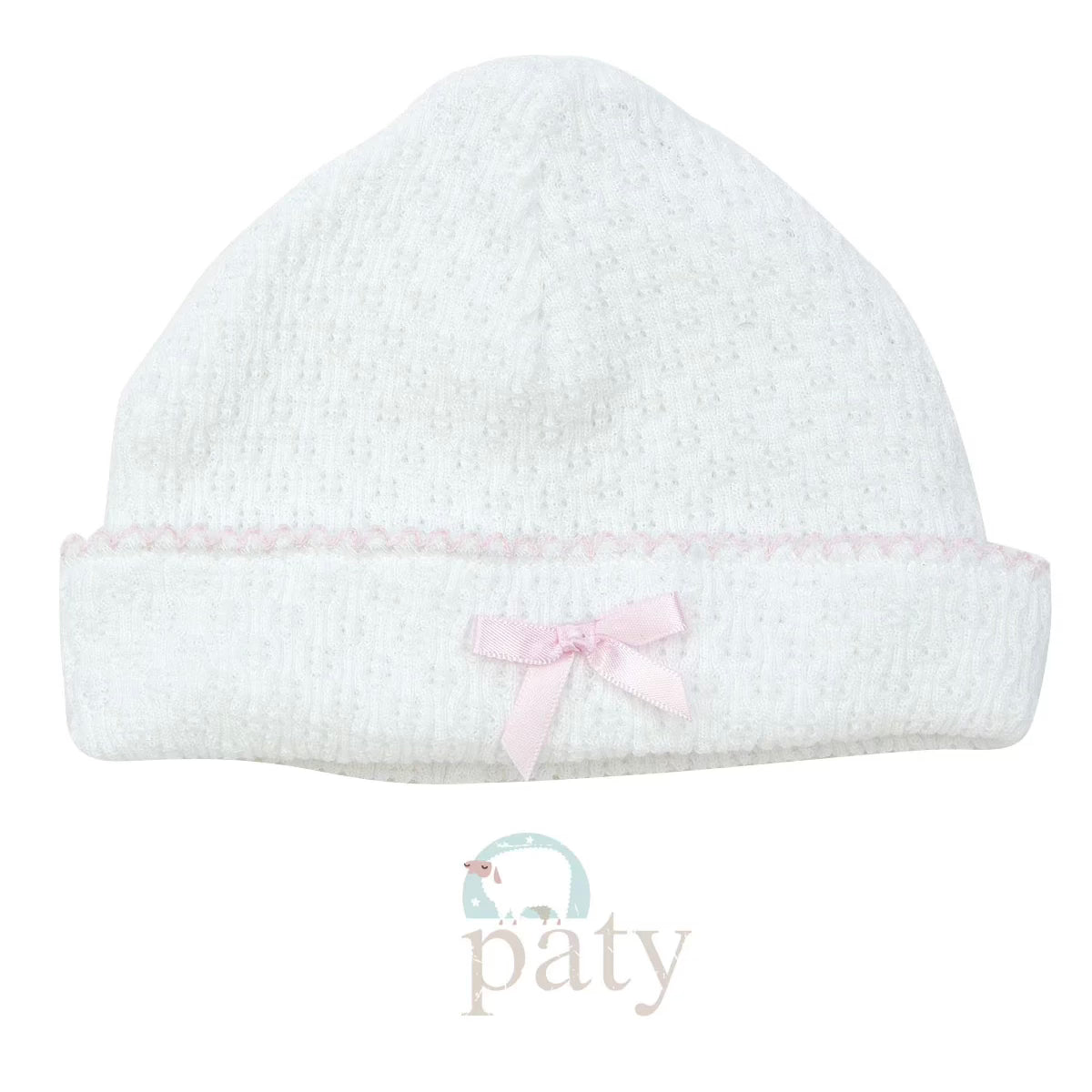 Paty White Beanie Hat with Pink, White, or Blue Piped Trim