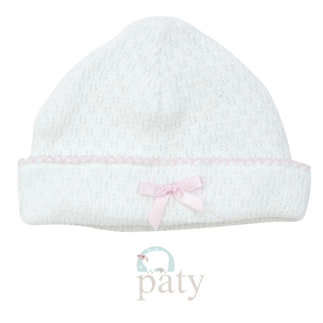 Paty White Beanie Hat with Pink, White, or Blue Piped Trim
