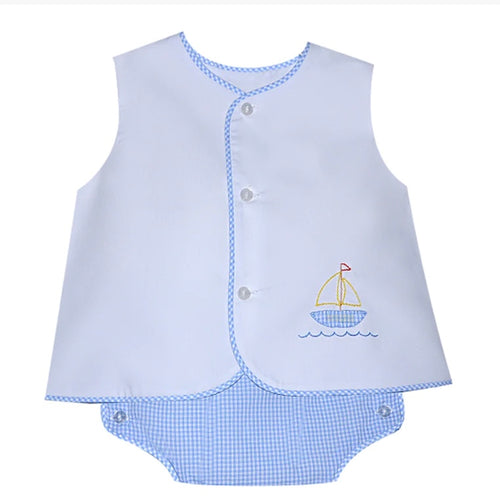 Baby Sen Diaper Set with Sailboat Embroidery and Gingham Bloomers-Available in Pink & Blue