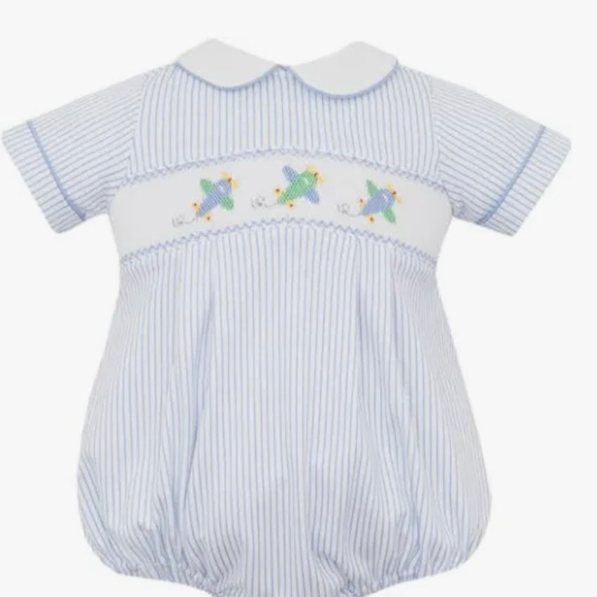 Petit Bebe Boys Blue Stripes Airplane Smocked Bubble
