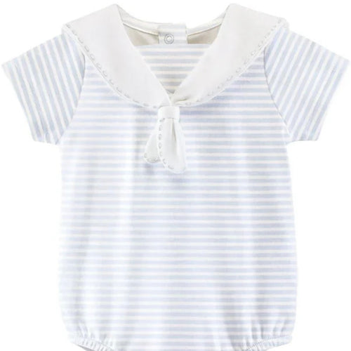 Petit Bebe Boys Light Blue Stripe Printed Bubble with Sailor Collar