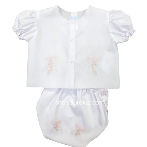 Auraluz Girls White Diaper Set with Pink Ribbon Shadow Stitching