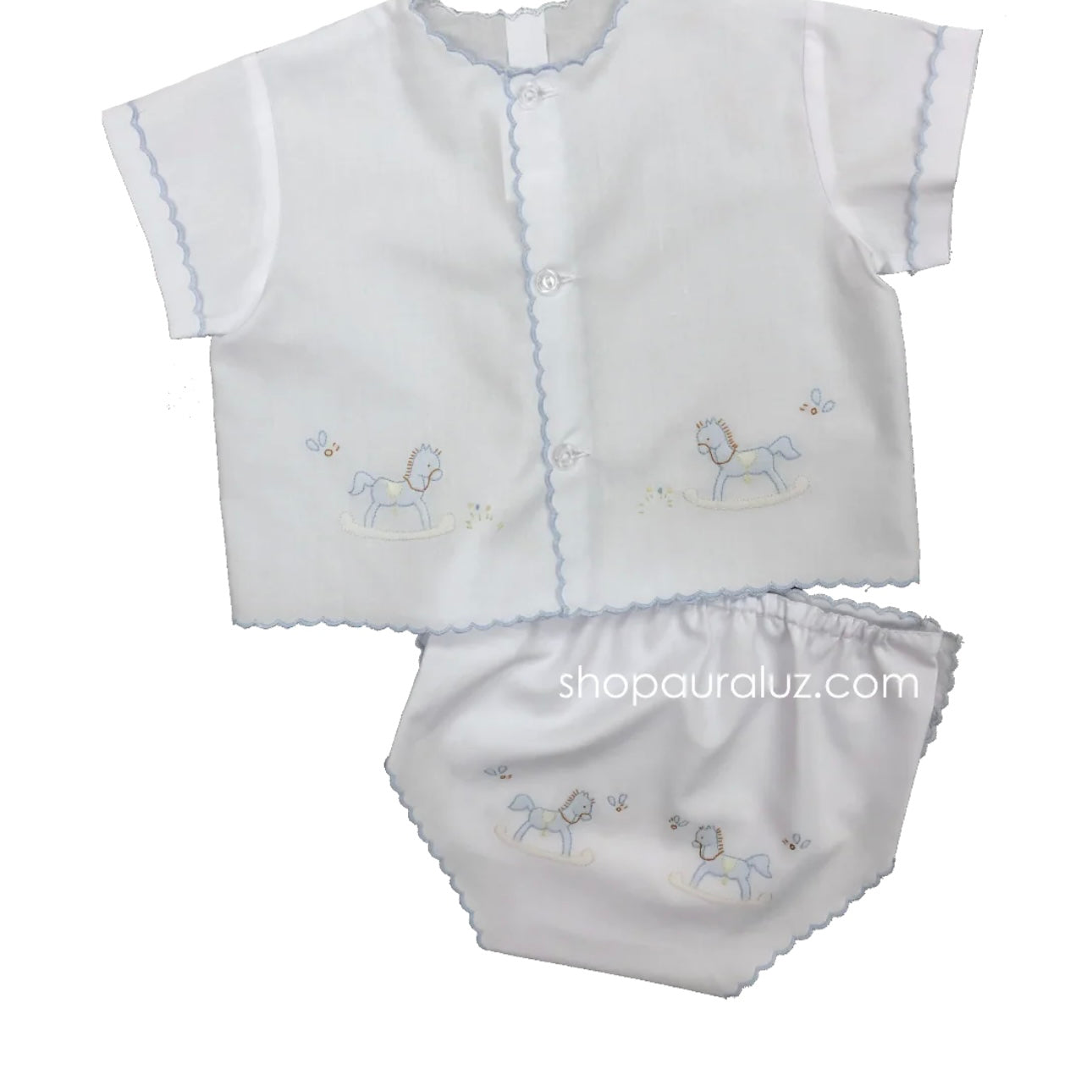 Auraluz Boys White Diaper Set with Rocking Horse Shadow Stitching